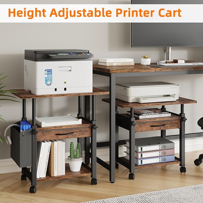 Large Printer Stand with Storage Drawer and Side Bag, 3-Tier Height Adjustable Table for Home Office, Fits Heat Press/Laser/3D Printer (Rustic Brown)-DeskLoop Office