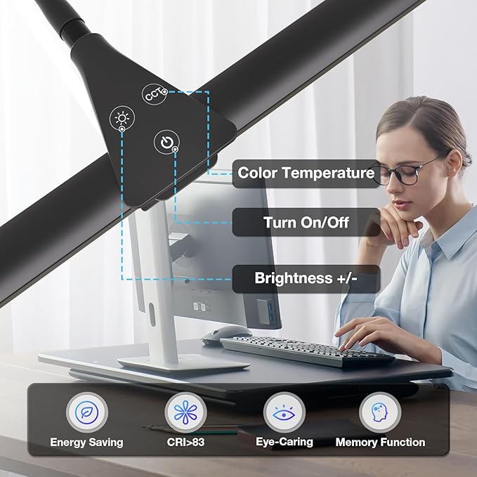 LED Desk Lamp for Home Office, Bright Double Head Desk Lamp with Clamp, Dimmable 5 Color Modes Desk Lighting, 12W Eye-Caring Architect Table Lamp for Workbench, Monitor, Reading, Study, 1400lm-DeskLoop Office