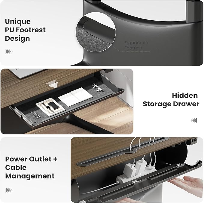 COLAMY Electric Adjustable Standing Desk – 48 x 28 Inch Sit Stand Desk with Drawer & Cable Management, Dual Motor Lift System, Ergonomic Footrest, Home Office Table (Veneer Desktop, Walnut + Black)-DeskLoop Office