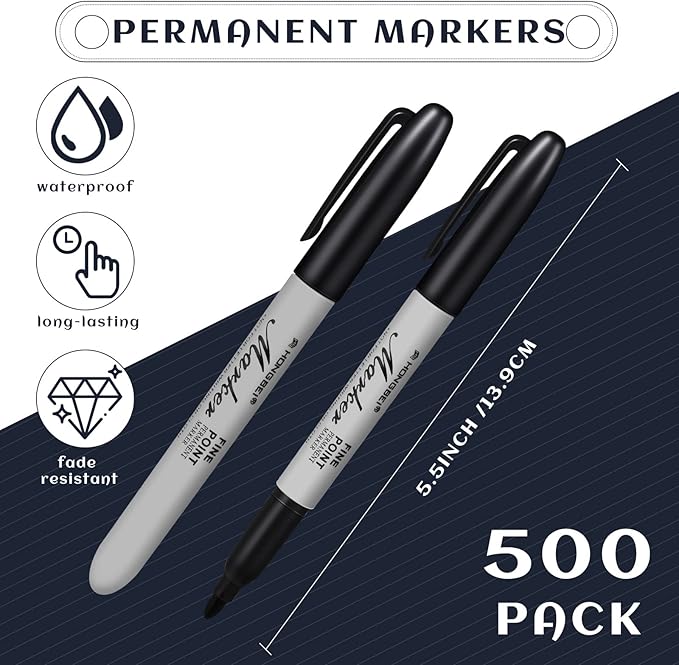 Thenshop 500 Pack Permanent Markers Bulk Black Permanent Marker Set Fine Point Pens Work on Wood, Metal, Stone, Glass-DeskLoop Office