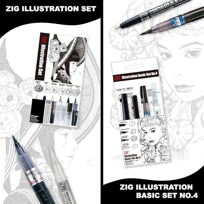 Kuretake ZIG Inktober Special Set, ZIG ILLUSTRATION BASIC SET NO.4 for Manga Drawing, Lettering and Calligraphy, Professional Artist Quality, Made in Japan-DeskLoop Office