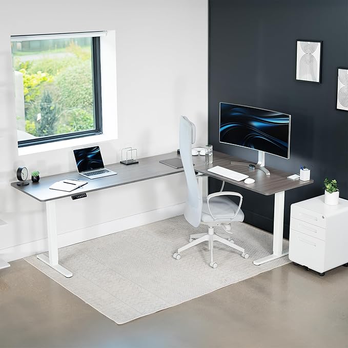 VIVO Electric Corner L-Shaped 84 x 63 in Standing Desk, Memory Height Adjustment, Dark Gray Top White Frame, DESK-E3CTWG-84-DeskLoop Office