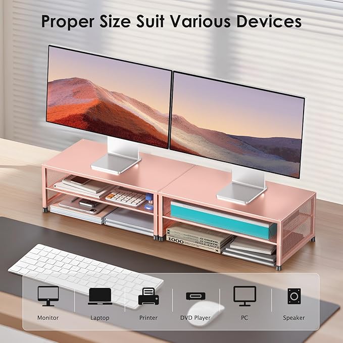 Computer Monitor Stand Riser, Desk Organizers and Accessories, Printer & Laptop Stand, Office Desk Accessories & Desktop Workspace Organizers for Office Supplies (Rose Gold)-DeskLoop Office