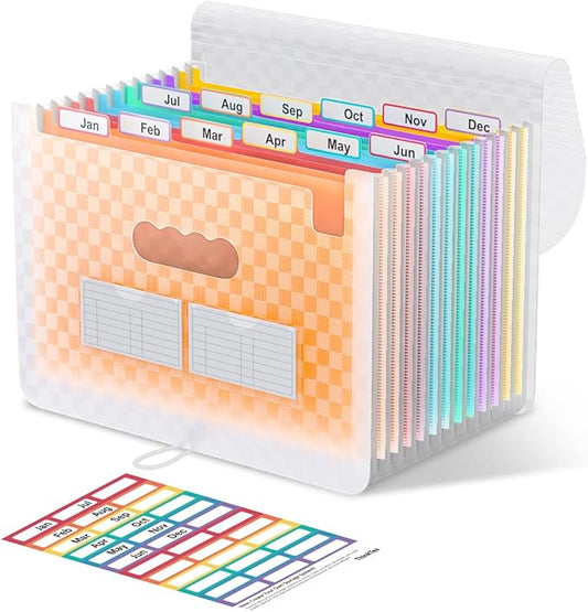 ThinkTex Accordion File Organizer, 12 - Pocket Expanding File Folders for Paper Receipts, Bills&Taxes Organizer, Letter/A4 Size Document Holder for School, Office, Home with Colorful tabs-Orange-DeskLoop Office