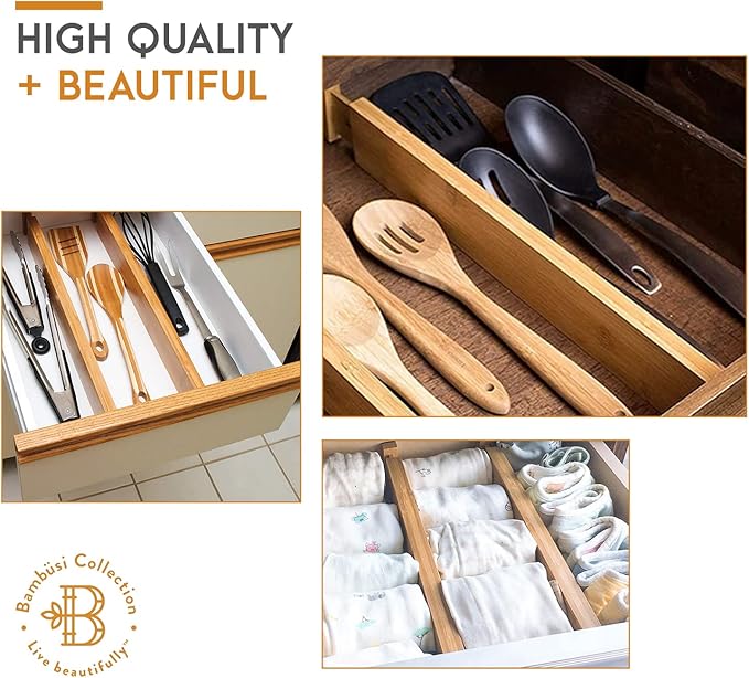 Bambüsi 4 Pack Drawer Divider - Bamboo 2.6" High, 12.5-17" Adjustable Drawer Organizers for Clothes, Expandable Dresser Separators in Bedroom/Bathroom/Kitchen/Office Organization and Storage-DeskLoop Office