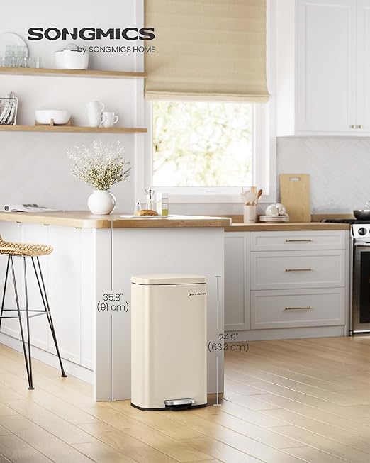 SONGMICS Trash Can with Lid, 8 Gallon Garbage Can, Stainless Steel Small Waste Bin with Step Pedal and Inner Bucket, Soft Close, Kitchen, Sand Beige ULTB003A01-DeskLoop Office