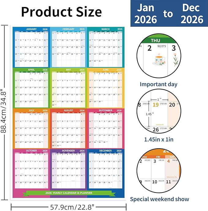 2026 Wall Calendar 34.8" x 22.8" Large Vertical Yearly Wall Hanging Calenda with Julian Date Thick Paper Calendar 12 Month Annual Wall Planner for Wall Office Fridge(Colorful)-DeskLoop Office