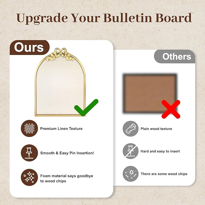 Vintage Arched Linen Cork Board with Gold Bowknot – Decorative Bulletin Board for Walls, Iron Frame Pin Board for Notes, Photos & Reminders, Elegant Vision Board for Home & Office 16"x21"-DeskLoop Office