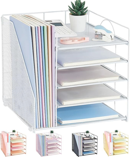 Desk Organizers and Accessories, 5-Tier Paper Letter Tray Organizer with File Holder, Desktop Organizer for Office Supplies, Office Desk Accessories & Workspace (White)-DeskLoop Office