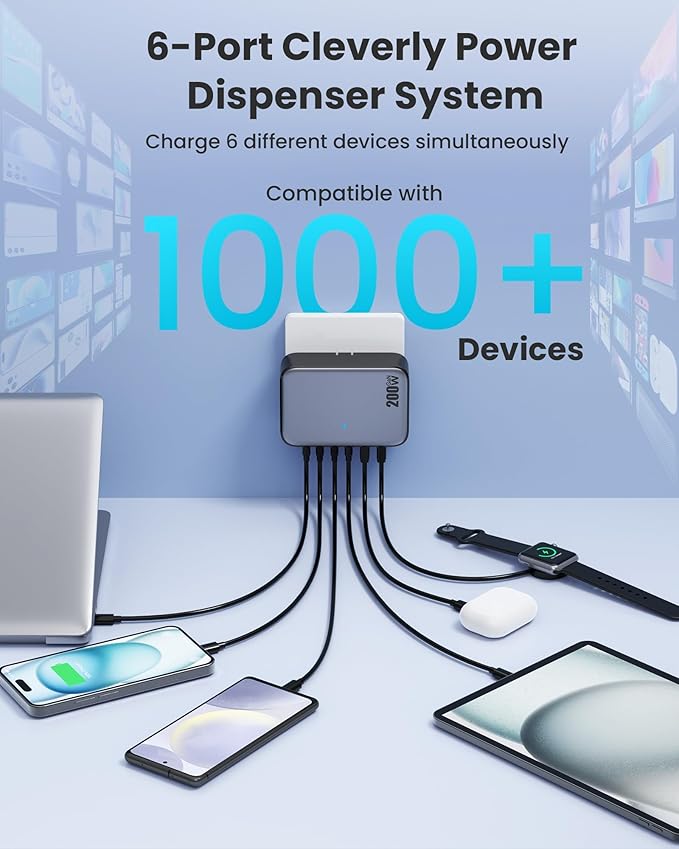 USB C Charger 200W USB Charging Block,6 Ports GaN IV Foldable Wall Charger Outlet Plug,QC4.0 Fast Charging Station Hub,PD 65W Laptop Adapter for MacBook Pro/Air,Dell,iPhone 16/15,Galaxy,Steam Deck-DeskLoop Office