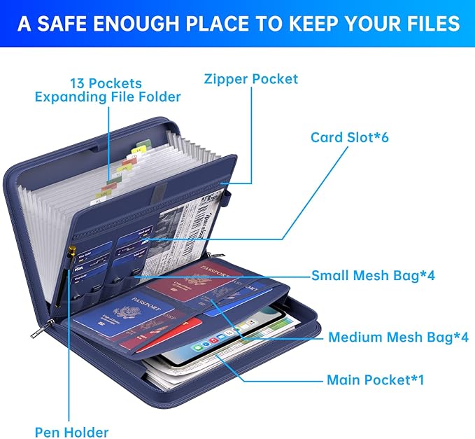ENGPOW Accordion File Organizer,Fireproof Expanding File Folder with Multi Pockets,13 Pockets Document Organizer with Handle & Labels,Portable Home Travel Safe Storage Folder for Letter A4 Files,Blue-DeskLoop Office