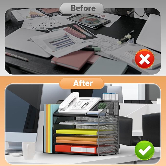 DocNest 5 Tier Paper Letter Tray File Organizer, Mesh Desk File with Handle, Workspace Desk Organizers with Pen Holder, Office Organization Storage Accessories - Black-DeskLoop Office