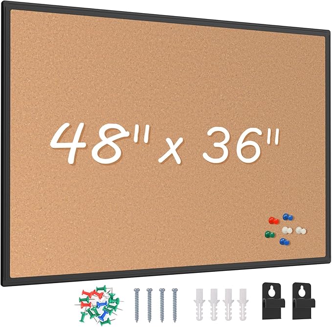 Board2by Bulletin Board 48 x 36, Black Aluminium Framed 4x3 Corkboard , Large Wall Mounted Notice Board with 18 Push Pins for School, Home & Office-DeskLoop Office