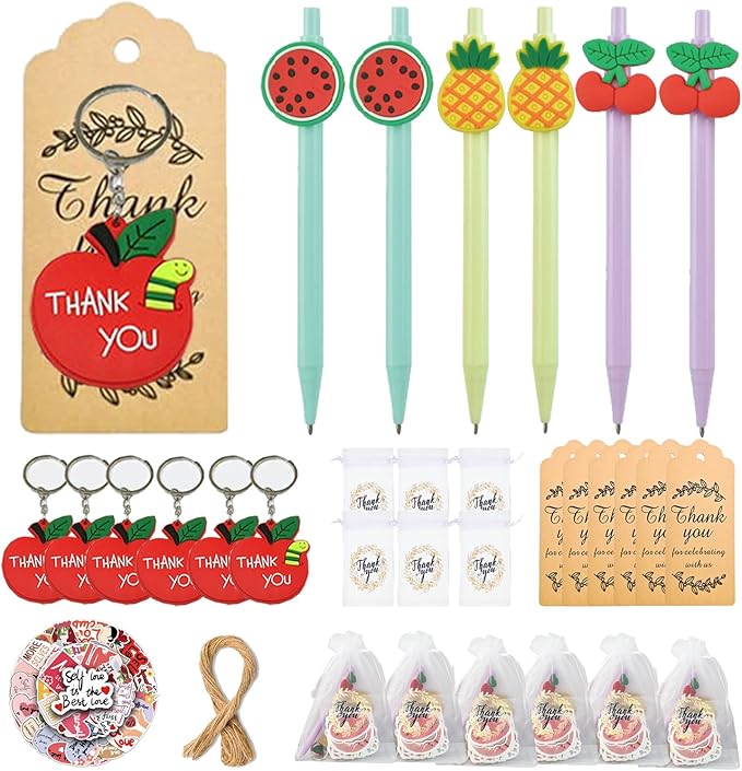 74 Set Student Gift Set 6 in 1 Multicoloured Ballpoint Pen Thank You Card Batch Keychain Inspirational Stickers Teacher Gifts for Classroom Birthday Party Supplies-DeskLoop Office