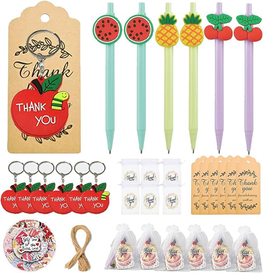 74 Set Student Gift Set 6 in 1 Multicoloured Ballpoint Pen Thank You Card Batch Keychain Inspirational Stickers Teacher Gifts for Classroom Birthday Party Supplies-DeskLoop Office