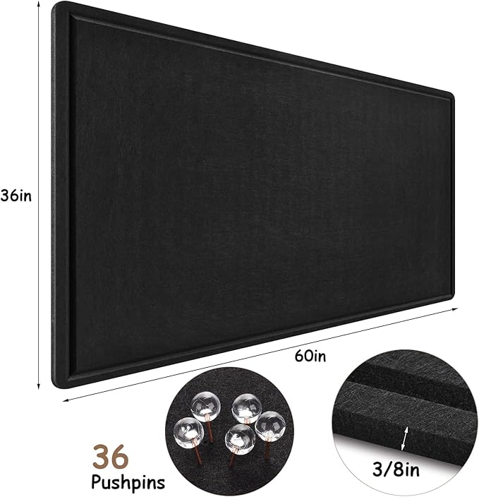 Large Bulletin Board, Foldable 60x36 Inches Cork Board Alternative, Large Felt Board Decorative Pin Board for Wall, Foldable Photo Board Self-Adhesive Vision Board with 36 Pushpins Black-DeskLoop Office