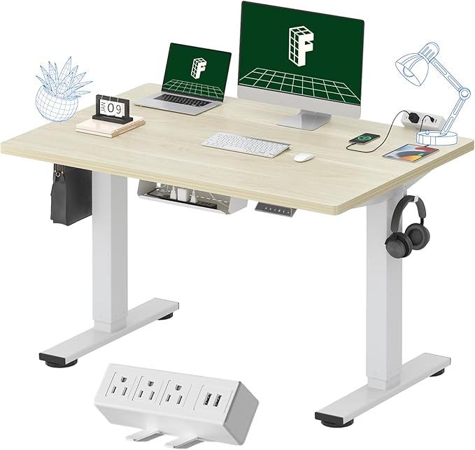 FLEXISPOT EN2 Whole-Piece Standing Desk with Clamp Power Strip, 48 x 30 Electric Stand Up Height Adjustable Desk with Cable Management (White Frame + 48" White Wood Grain Desktop, 2 Packages)-DeskLoop Office