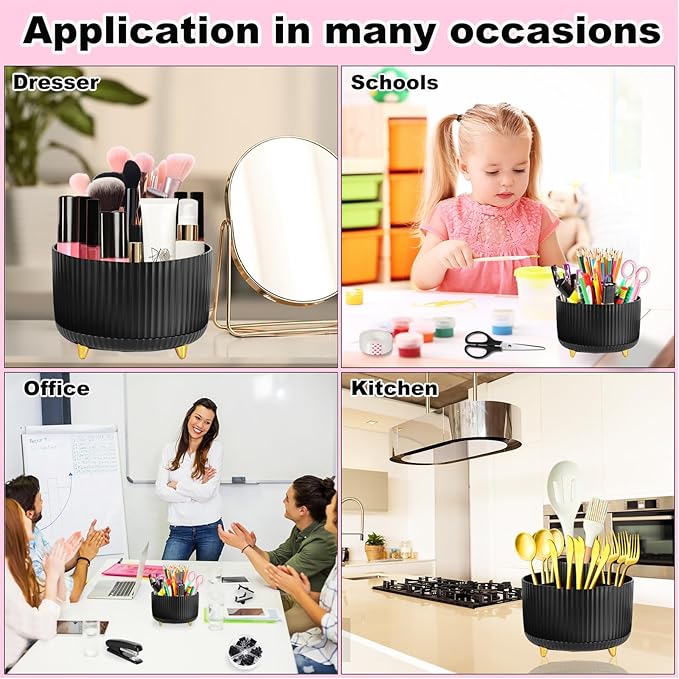 Black Desk Organizers and Accessories 10Pcs Set with 360-Degree Rotating Pen Holder, Tape Dispenser, Stapler, Staple Remover, 1000 Staples, Tape, Clips Set, Ruler, Scissor, Pen (Black)-DeskLoop Office