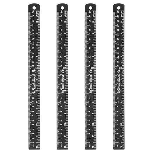 HARFINGTON 4pcs Metal Straight Ruler 30cm Metric SAE Aluminum Alloy Measuring Rulers Scale Tool with Hole for Measure Study Reading Classroom Office, Black-DeskLoop Office