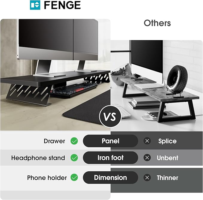 Fenge Dual Monitor Stand Riser, 42.5 Inch Desk Top Shelf for 2 Monitors, Computer Stands for Desk, Wood & Steel Desktop Riser for Laptop, PC, Printer-DeskLoop Office