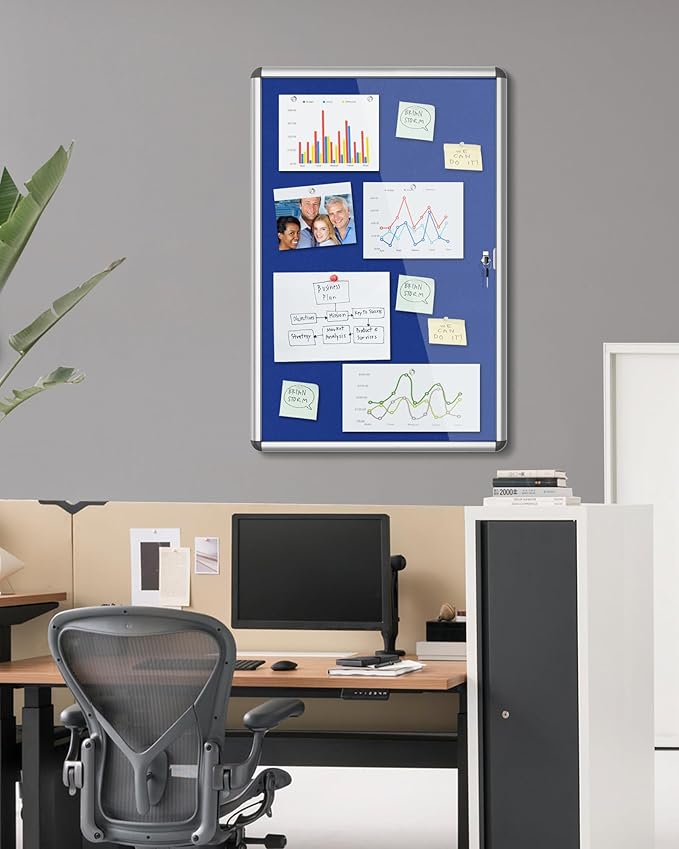 36"x24" Enclosed Bulletin Board, Lockable Weather-Resistant Aluminum Cork Noticeboard for School & Office, Silver Frame w/Blue Flet-DeskLoop Office