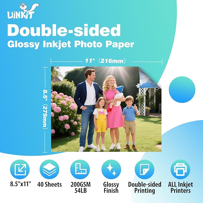 Uinkit 200Gsm 40 sheets 8.5 X 11 Double Sided Photo Paper Glossy 8.5x11 54lbs Inkjet for Dye Ink 200Gsm 9.13Mil for Inkjet Printing Printer (40, 8.5x11)-DeskLoop Office