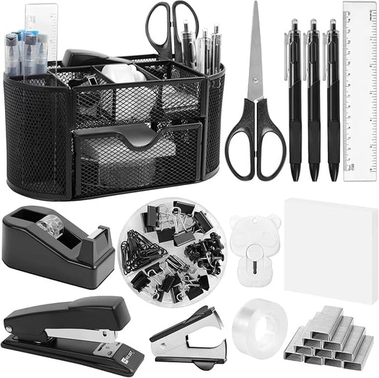 Office Supplies for Desk,14pcs Black Desk Sets and Accessories, Office Supply Kit with Mesh Desktop Organizer and Stapler,Staple Remover, Staples,Tape Dispenser,Sticky Tabs,Scissors, Ruler-DeskLoop Office