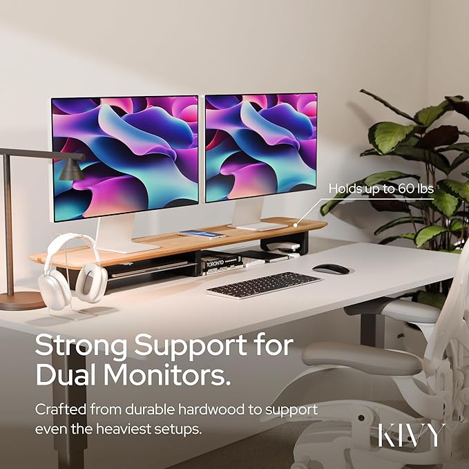 KIVY Dual Monitor Riser with Integrated Metal Shelf - Wooden desk shelf for top of desk - Wood monitor stand for desk 2 monitors / tv - Dual monitor stand riser for desk - Large walnut monitor stand-DeskLoop Office