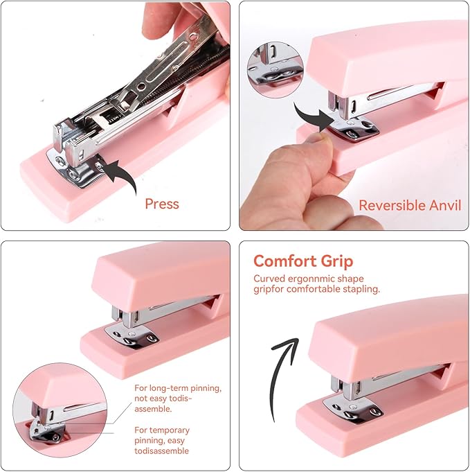 Pink Desk Accessories, Pink Office Supplies Set with Stapler, Tape Dispenser, Staple Remover, Pen Holder, Scissor, Binder/Paper Clips, Ballpoint Pen, Clear Tape and 1000pcs Staples-DeskLoop Office