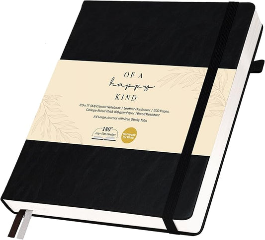 Thick Lined Journal Notebook 8.5x11" with Big A4 Hardcover Leather - Black - 300 Pages College Ruled Large with Sticky Tabs, Pockets, & Pen Loop for Writing and Journaling - Hard Cover Fancy Notebook-DeskLoop Office