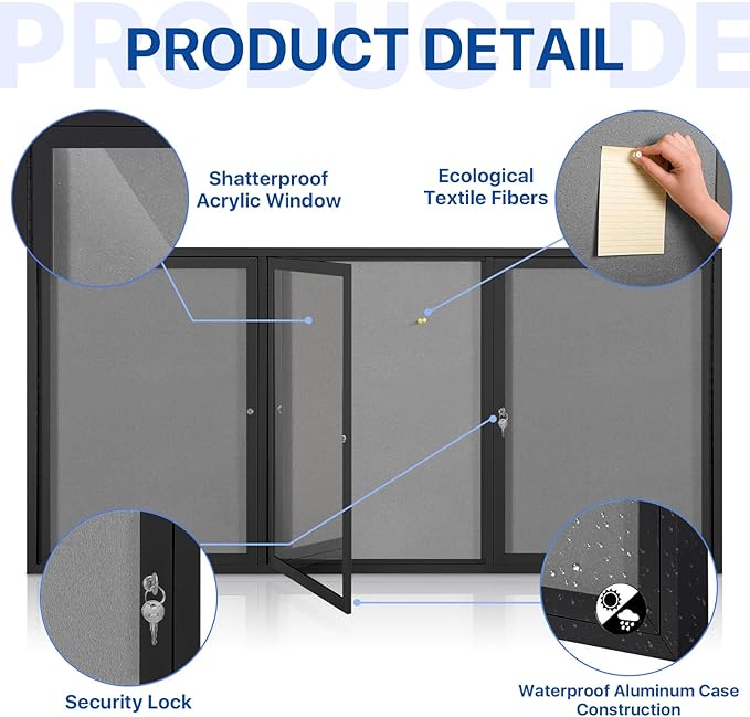 SWANCROWN Outdoor Bulletin Board 70x36in, Enclosed Bulletin Board with Locking Door for Office School Commerce, Grey Felt, Black Aluminum Frame-DeskLoop Office