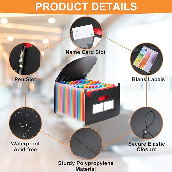 Accordion File Organizer, 24 Pockets Expanding File Folders, Portable Letter A4 Size Filing Box with Colored Labels and Expandable Cover, Monthly Bill Receipt Documents Organizer Black-DeskLoop Office