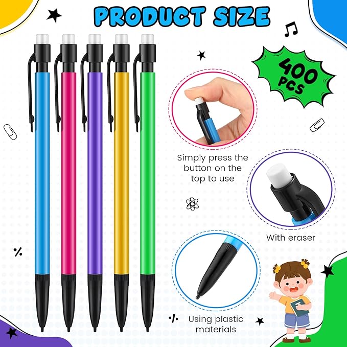 Colarr 400 Pieces Mechanical Pencils 0.7 mm with Eraser Pastel Art Pencils for Kid School Students Artist Writing Drawing Sketching-DeskLoop Office