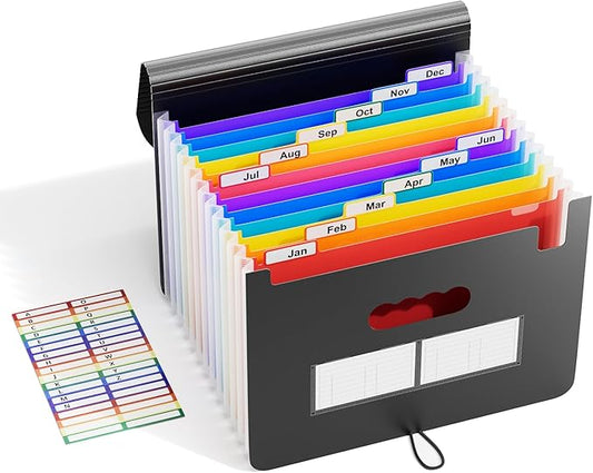 ABC life 12 Pockets Accordion File Organizer Expanding File Folders, Portable Letter A4 Size Filing Box, Plastic Monthly Bill Receipt Document Organizer, Expandable Accordian Folder with Colored Tabs-DeskLoop Office