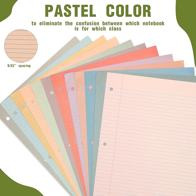 PerKoop 600 Sheets Colored Loose Leaf Paper 8.5" x 11" college ruled Lined 3 Hole Punched notebook Filler Paper for 3 Ring Binders Office School Supplies (Retro Color)-DeskLoop Office