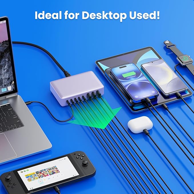 USB C Charger 300W USB C Charger Block 8-Ports GaN IV Fast Charging Station,PD 100W Laptop Charging Hub Wall Adapter Compatible with MacBook/Air,DELL,Steam Desk,iPhone 16/15/14,Galaxy S24 etc-DeskLoop Office