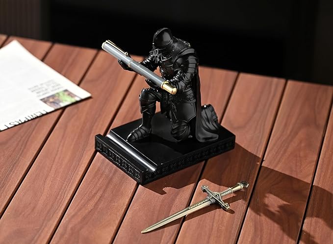 Medieval Armored Warrior Wearing Outerwear, Mobile Phone Stand Knight Pen Holder Desk Organizers, Resin Bookends Paperweight with a Letter Opener for Desk (Black)-DeskLoop Office