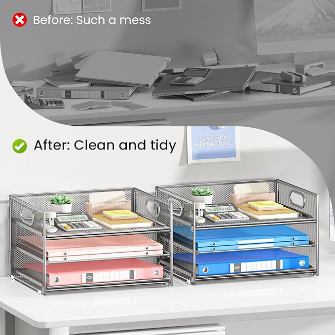 Subekyu 2-Pack 3-Tier Silver Metal Mesh Desk Paper Letter Tray & File Sorter Organizer with Handle + 1 Sliding Tray for Desk, Home, Office, School Supplies, A4 Paper and Accessories Storage-DeskLoop Office