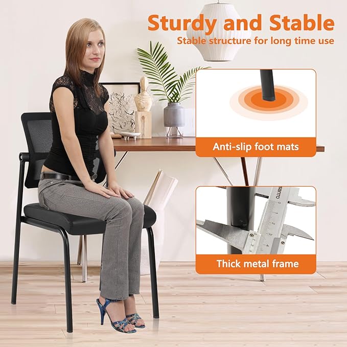 CLATINA Stackable Waiting Room Chair with Adjustable Mesh Backrest, Armless Office Guest Reception Chairs with Leather Cushion and Ergonomic Lumbar Support for Conference Lobby Side School, Black-DeskLoop Office