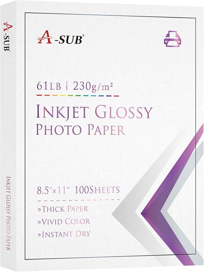 A-SUB Heavyweight Glossy Photo Paper 8.5 x 11 Inch 61lb 230GSM Thick Photo Printer Paper for DIY Cards Calendars for Inkjet Printers 100 Sheets-DeskLoop Office