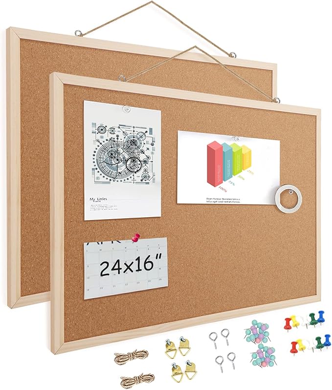 2 Pack 16” x 24” Cork Boards for Walls with Wooden Frame, Double Sided Office Board for Wall Organizer, Bulletins Board Decorative Hanging Pin Board for School, Home & Office, Memo Board-DeskLoop Office