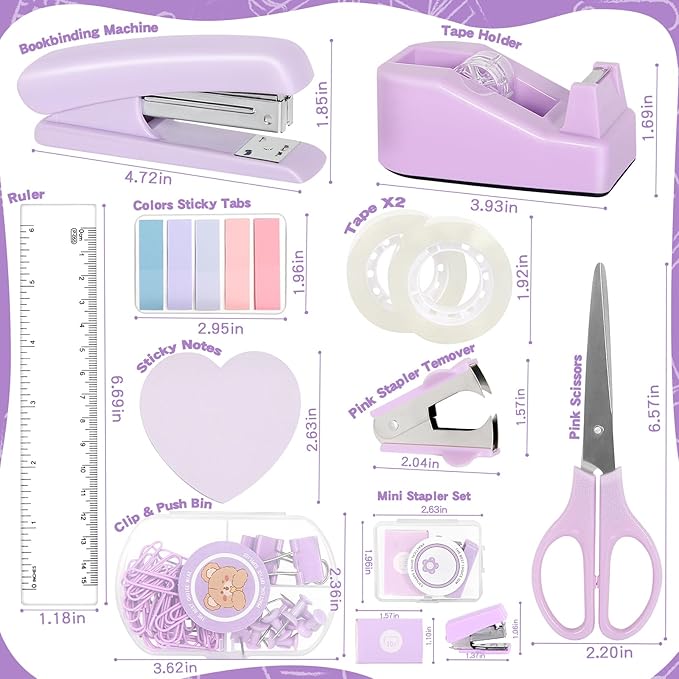 Office Supplies Set, Purple Stapler and Tape Dispenser Set with Staple Remover, Stapler and Staples Set with 1000 Staples, Clips, Tape, Scissor and Tabs, Desk Accessories for Women Student-DeskLoop Office