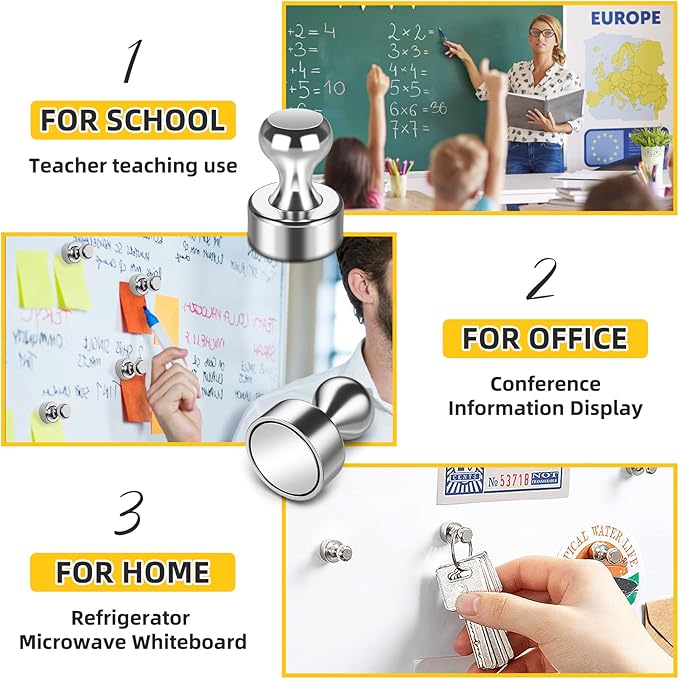 Strong Fridge Magnets, Push Pin Magnets, Strong Refrigerator Magnet Strong, Magnetic Push Pins, Dry Erase Board Whiteboard Magnet for Fridge, Map Decor, Locker, Kitchen, Office, School-DeskLoop Office