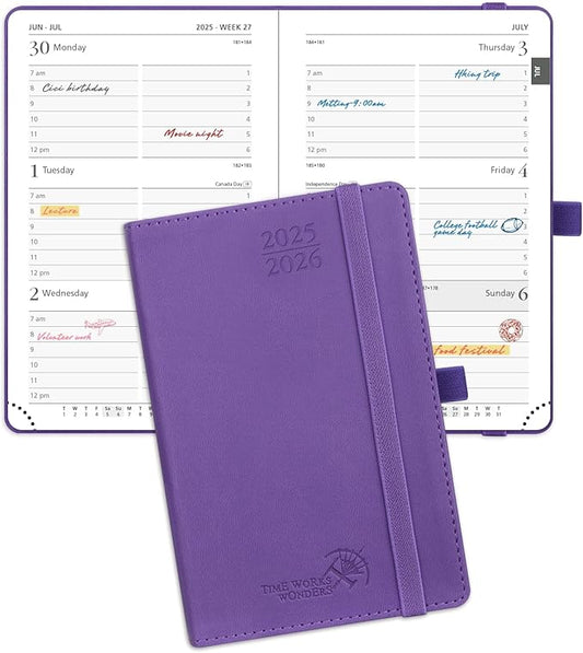 POPRUN Pocket Planner 2025-2026 (Purse Size 4'' x 6.25'') Academic Small Calendar (July 2025 - June 2026) with Hourly Time Slots, 100GSM Thick Papers, Leather Soft Cover - Purple-DeskLoop Office