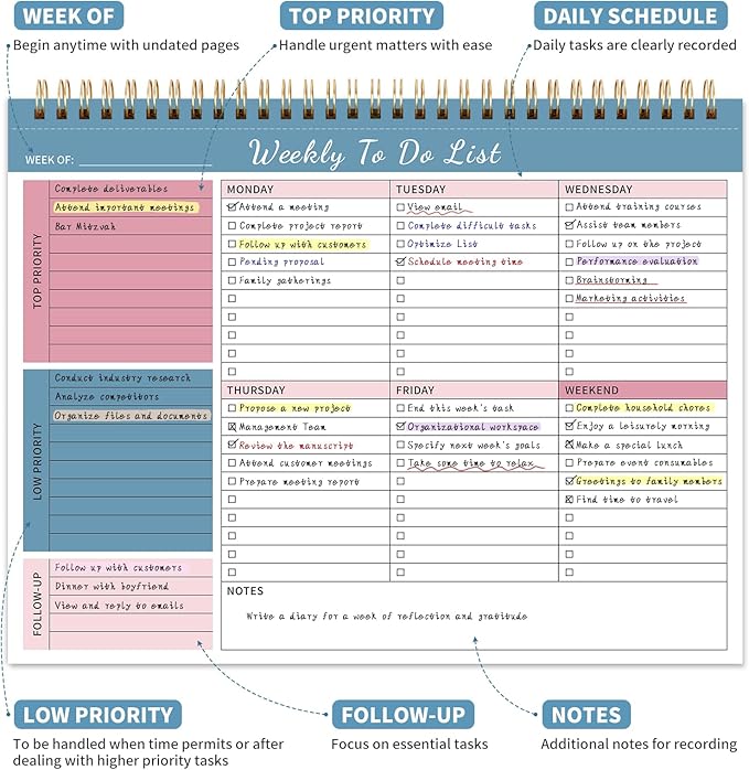 Weekly To Do List Notepad, 52 Undated Sheets (8.5"×11") Duplex-printed Weekly Planner Notepad For Work Home School Office Desk Accessories Supplies & Goal Setting Tasks - Blue-DeskLoop Office