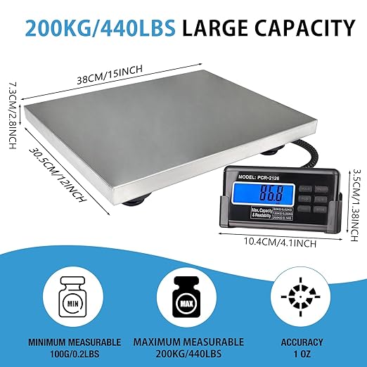 Large 440lbs Shipping Scale, 15"X 12" Platform Heavy Duty Stainless Steel Platform for Postal Industrial Floor Business Office Home Warehouse Package Luggage-DeskLoop Office
