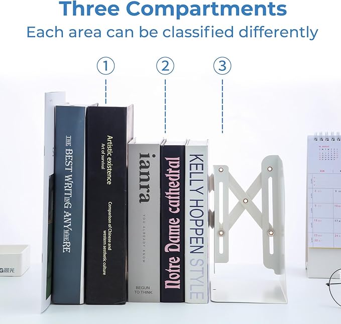 M&G Adjustable Bookends Book Ends for Shelves, Metal Bookend for Heavy Books, Desk Magazine File Organizer Holder Extends up to 20in, Book Stopper for Home, Office, Classroom (White)-DeskLoop Office
