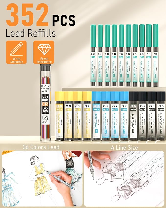 Nicpro Blocky Gear Metal Mechanical Pencil Set with Leather Case, 40PCS Art Drafting Pencil 0.5, 0.7, 0.9 & 2mm Lead Pencil with 352PCS (HB 2H 4H 2B 4B 6B Color) Lead Refills for Sketching Drawing-DeskLoop Office