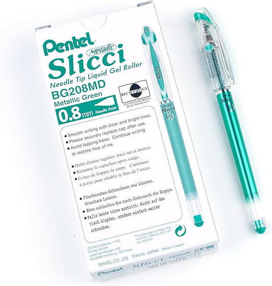 Pentel Arts Slicci Metallic 0.8 mm Needle Tip Gel Pen, Metallic Green Ink, Box of 12 (BG208-MD)-DeskLoop Office