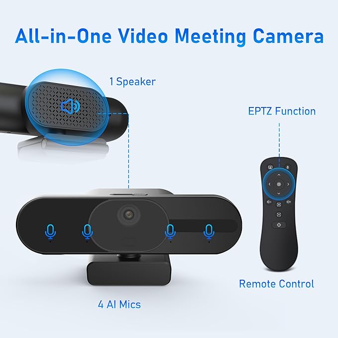 4K Webcam with Speaker and 4 AI Noise-Cancelling Mics, Wide Angle PC Cameras with Remote, Auto Focus, Privacy Cover, Tripod, Great for Computer, Zoom, Skype, Teams, Laptop, Personal Video Calling-DeskLoop Office
